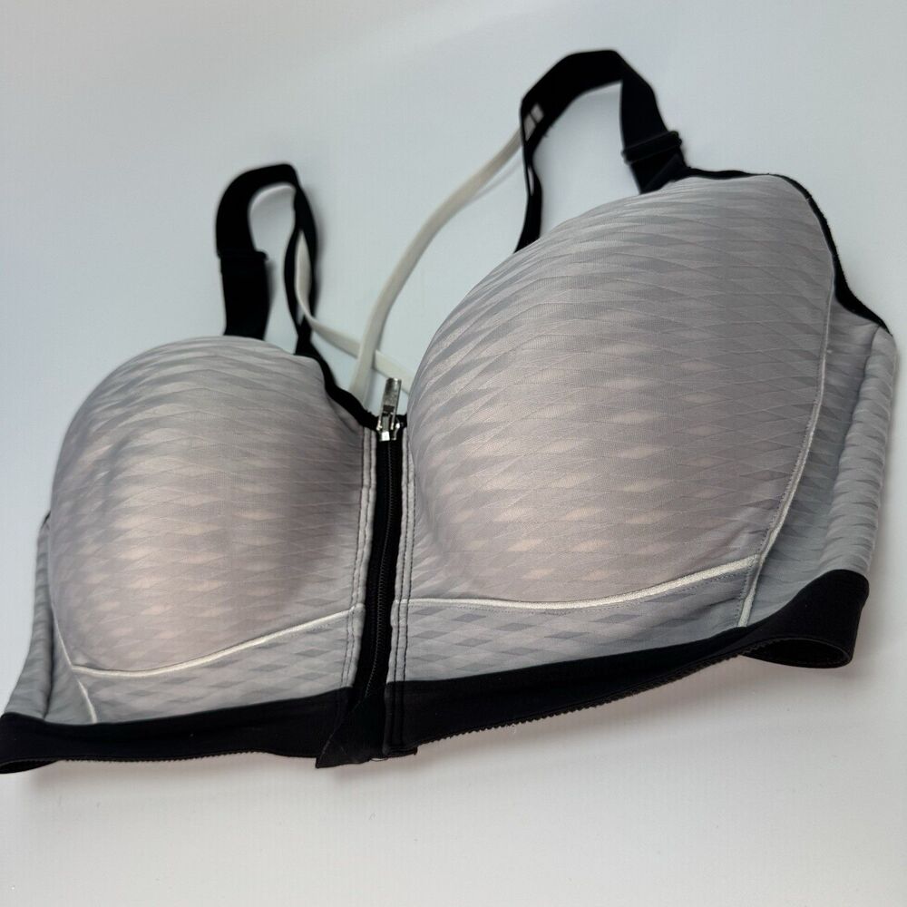 Victoria Sport Bra Zip Front Padded Mesh High Impact Workout Silver Black 36DD